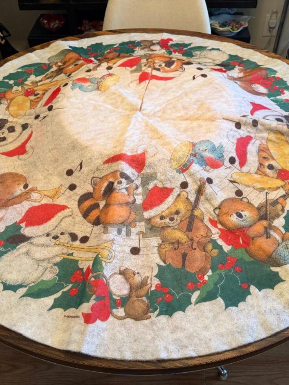 Vintage Felt Style Christmas Tree Skirt with Animals Playing Musical Instruments